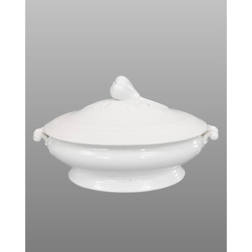 Antique French White Ironstone Lidded Oval Soup Tureen with Fig Finial